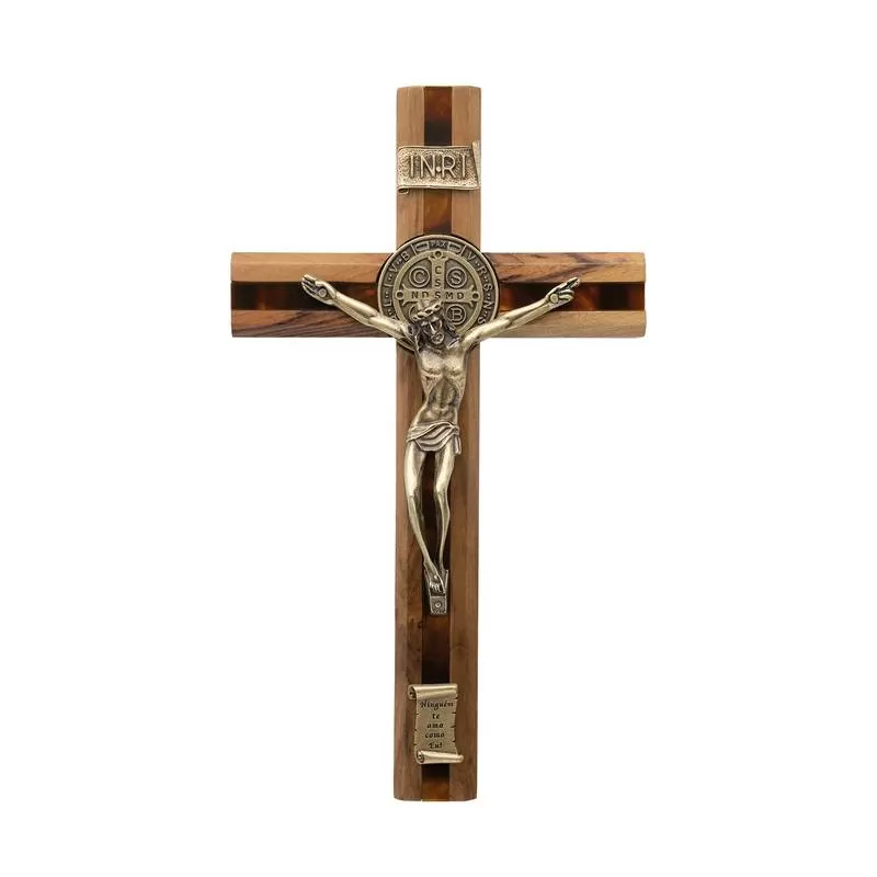 CRUCIFIXO MADEIRA FRISADA DE PAREDE SÃO BENTO